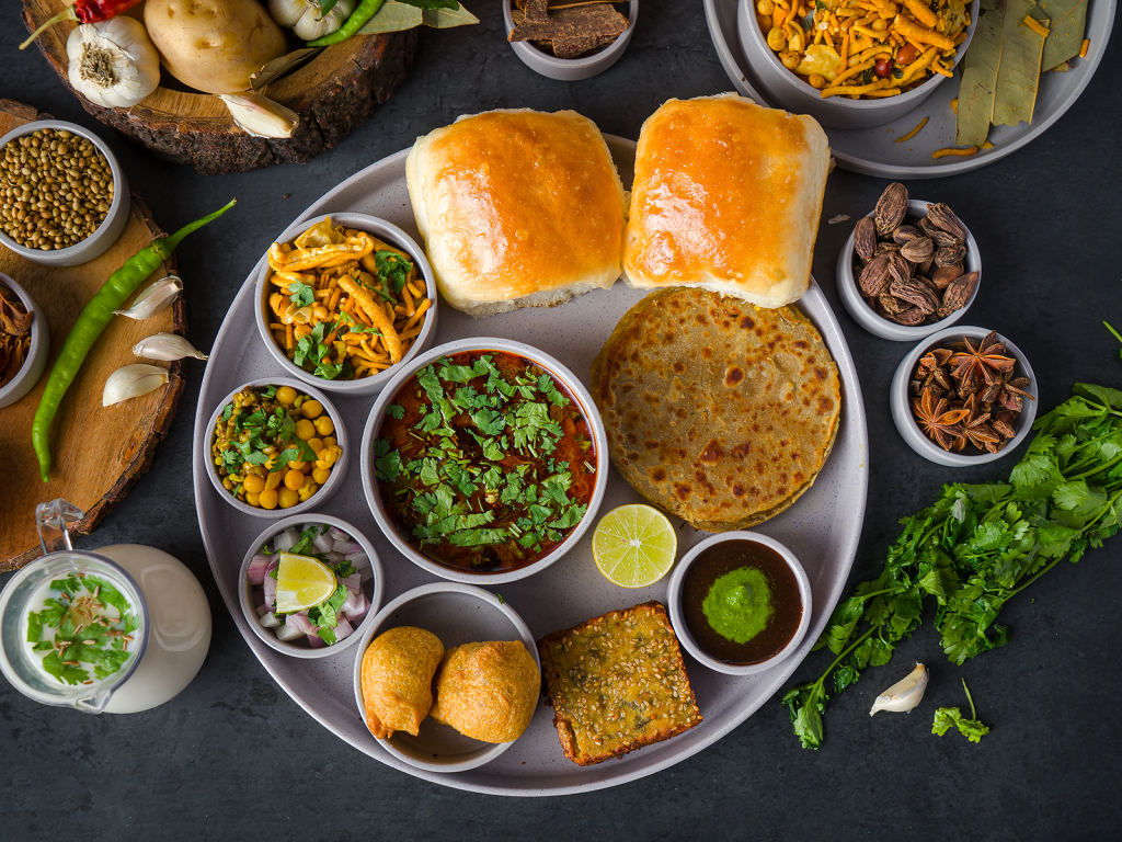 Maharashtrian thali with misal pav